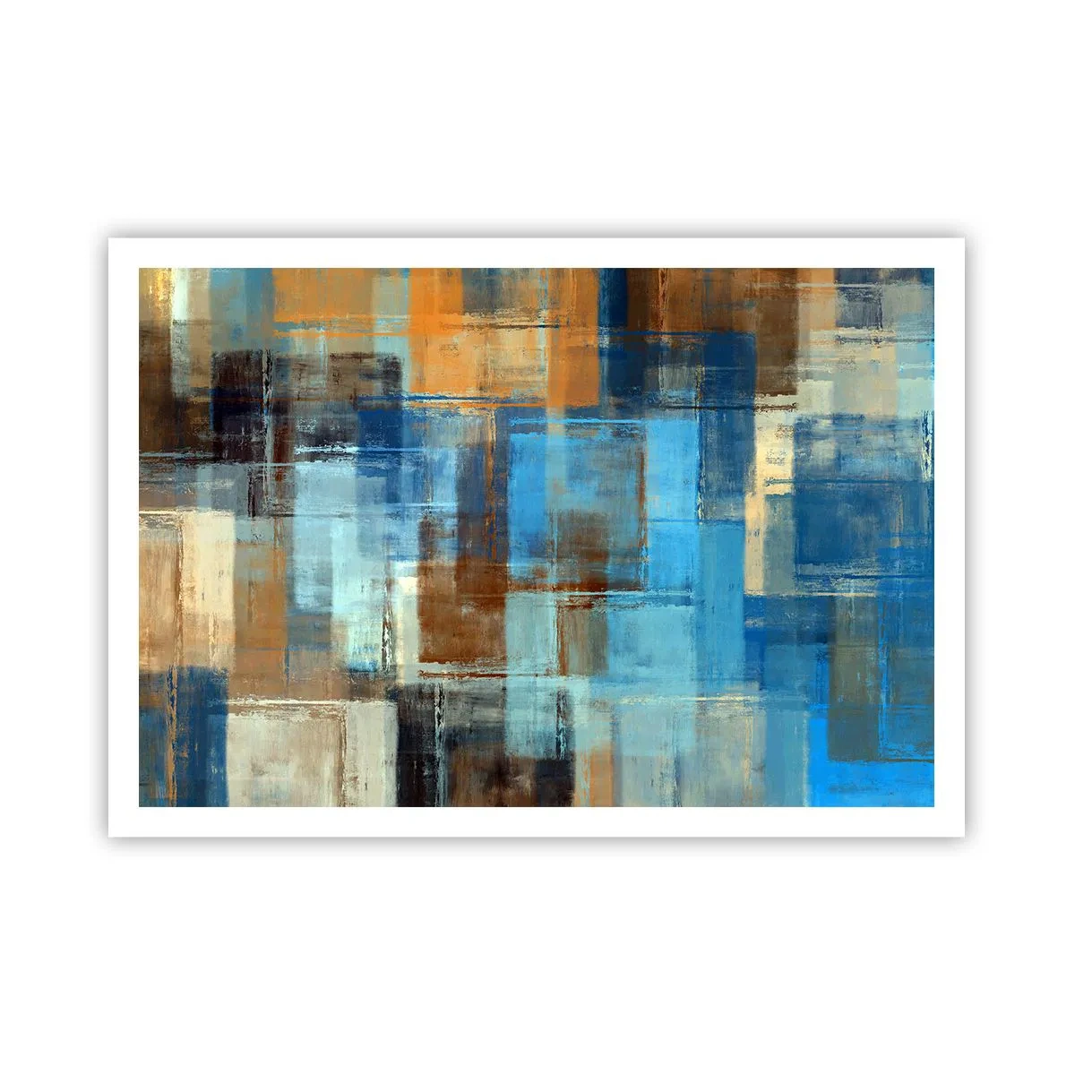 Affiche - Poster - Composition géométrique abstraite dans les tons de bleu et de marron - 100x70cm - A travers le voile bleu - Décoration murale moderne pour le salon et la chambre ARTTOR