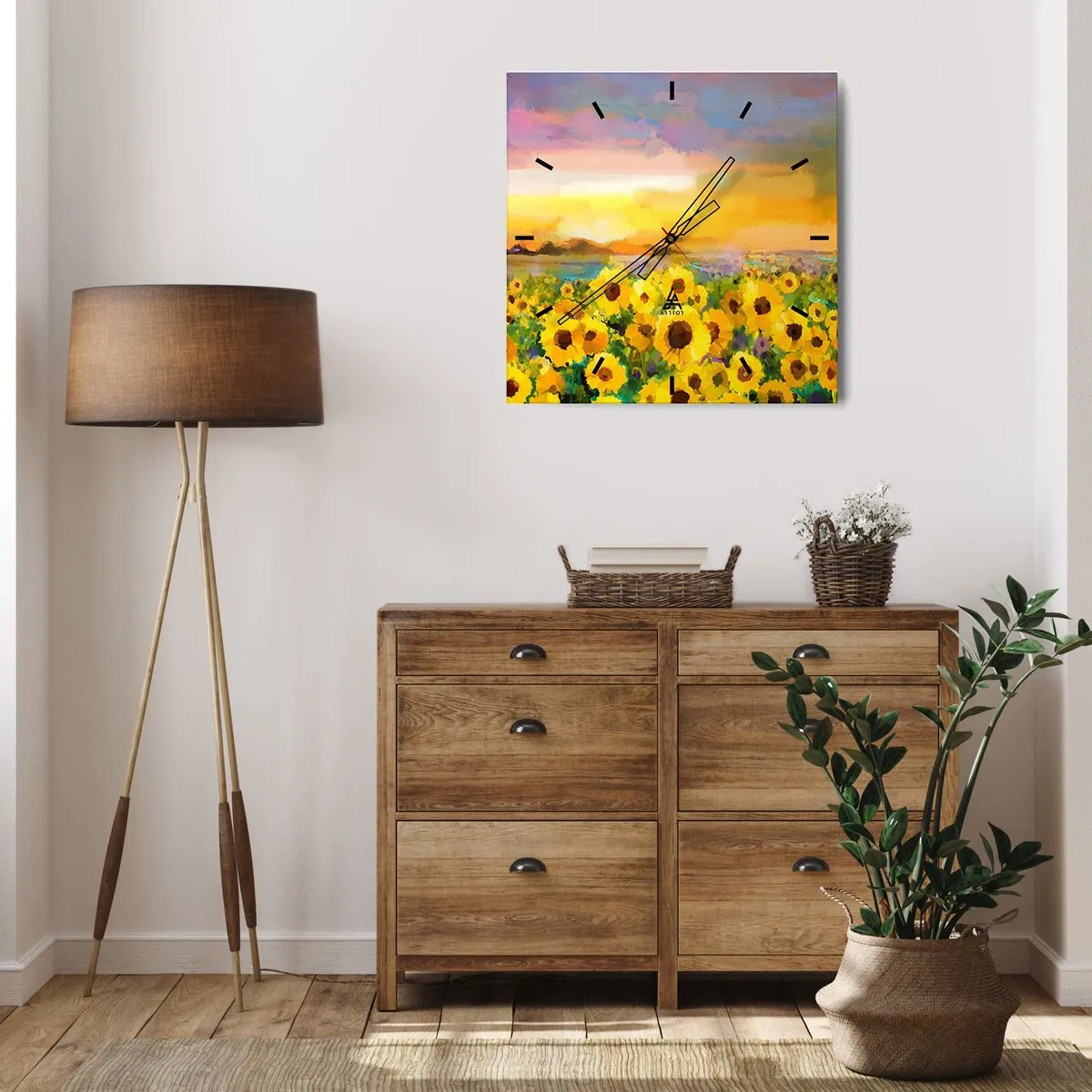 Horloge murale - Pendule murale - Un champ de tournesols à la lumière du soleil couchant - 30x30cm - Le soleil lui-même est descendu sur terre - Décoration murale moderne pour le salon et la chambre ARTTOR