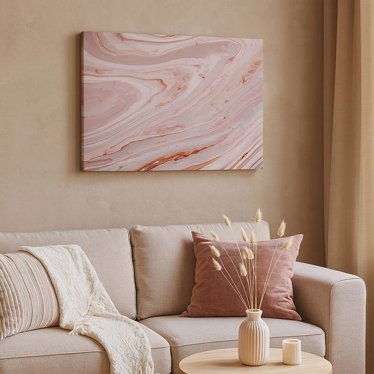 Impression sur toile - Image sur toile - Vagues abstraites dans des tons délicats de rose et de beige - 70x50cm - Rose liquide - Décoration murale moderne pour le salon et la chambre ARTTOR
