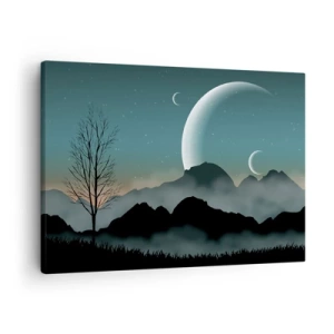 Impression sur toile - Image sur toile - Montagnes brumeuses avec la lune et un arbre solitaire - 70x50cm - Carnaval de la nuit étoilée - Décoration murale moderne pour le salon et la chambre ARTTOR