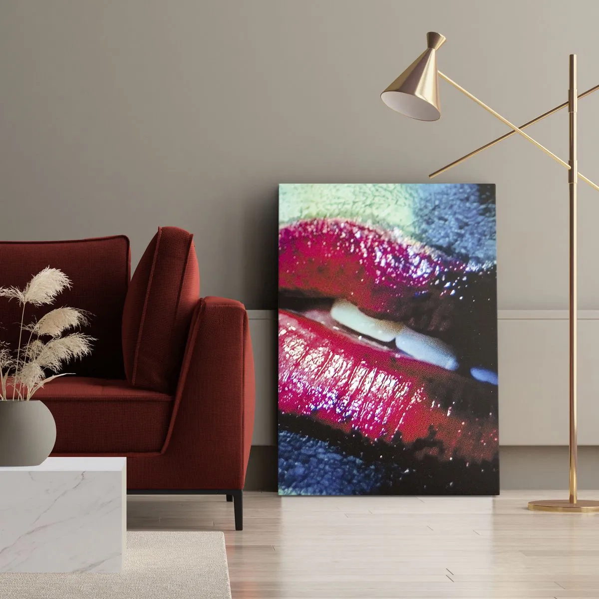 Impression sur toile - Image sur toile - Gros plan de lèvres colorées et brillantes sur un fond artistique - 70x100cm - Sensuel et dérangeant - Décoration murale moderne pour le salon et la chambre ARTTOR