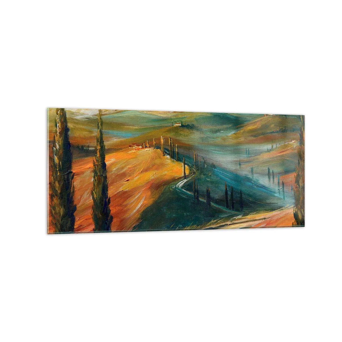 Impression sur verre - Image sur verre - Paysage toscan avec champs, route et cyprès - 120x50cm - paysage toscan - Décoration murale moderne pour le salon et la chambre ARTTOR