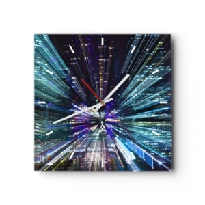Horloge murale - Pendule murale - Vue dynamique de la ville la nuit avec un effet de lumière - 30x30cm - Transition vers l'hyperespace - Décoration murale moderne pour le salon et la chambre ARTTOR