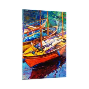 Impression sur verre - Image sur verre - Bateaux colorés sur une eau calme - 50x70cm - Sur l'eau épaisse de couleurs - Décoration murale moderne pour le salon et la chambre ARTTOR