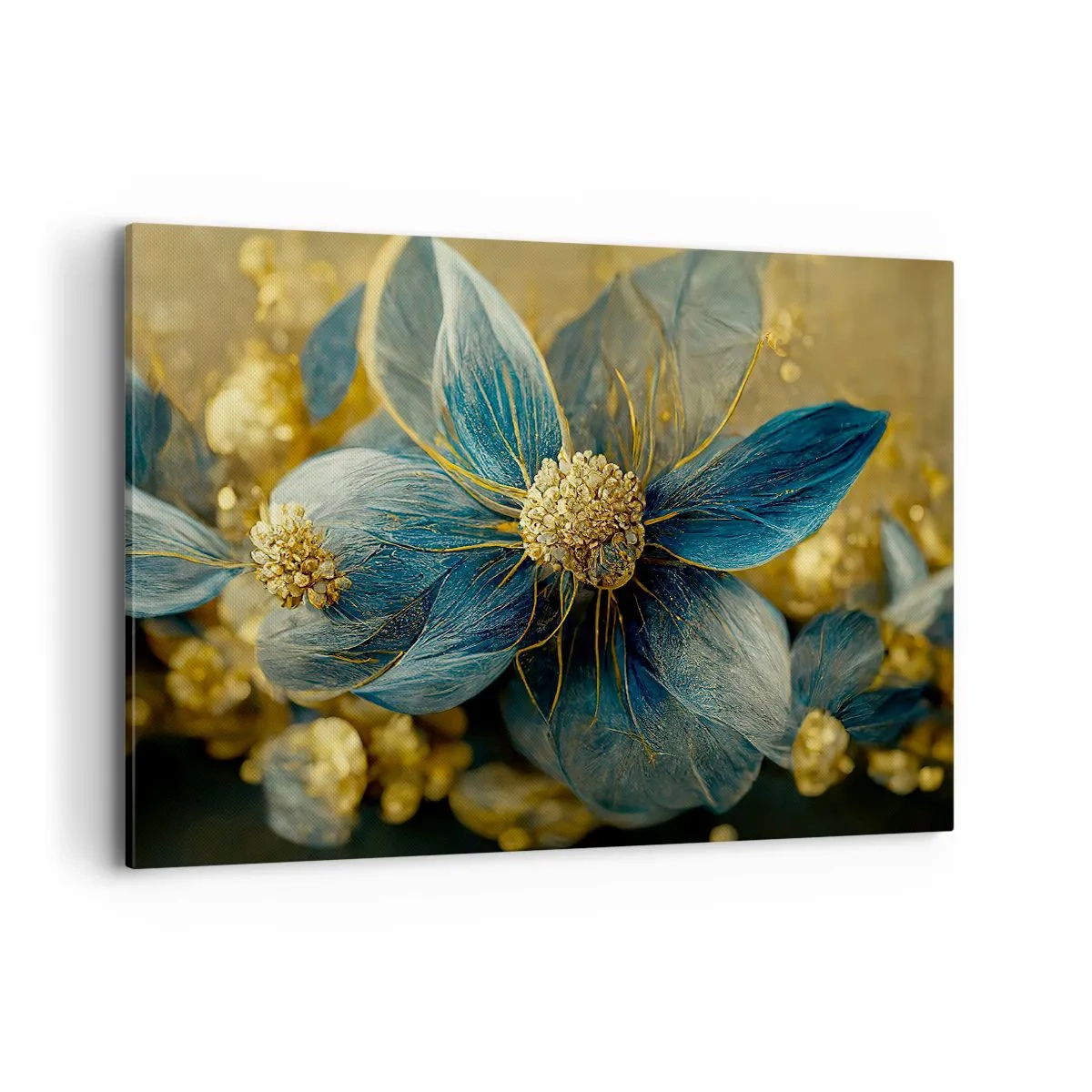 Impression sur toile - Image sur toile - Fleurs élégantes dans des tons de bleu et d'or - 120x80cm - Fleurir avec de l'or - Décoration murale moderne pour le salon et la chambre ARTTOR