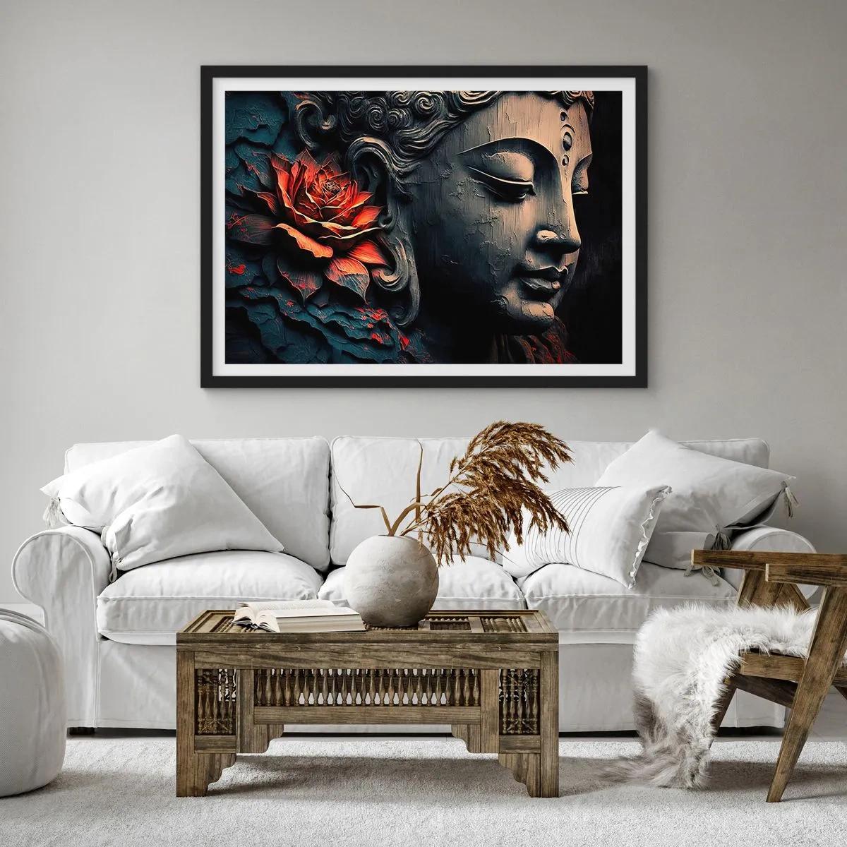 Affiche dans un cadre noir - Poster - Sculpture de Bouddha avec une fleur de lotus rouge - 70x50cm - En harmonie avec le monde - Décoration murale moderne pour le salon et la chambre ARTTOR