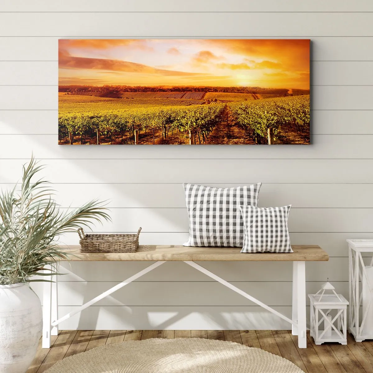 Impression sur toile - Image sur toile - Vignoble au coucher du soleil avec des tons de ciel chauds - 120x50cm - Légèrement fruité avec une pointe de soleil - Décoration murale moderne pour le salon et la chambre ARTTOR