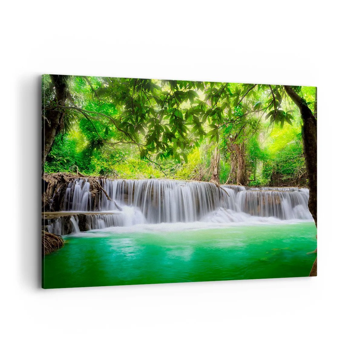 Impression sur toile - Image sur toile - Une cascade verte entourée d'une végétation tropicale dense - 100x70cm - Une cascade de vert - Décoration murale moderne pour le salon et la chambre ARTTOR