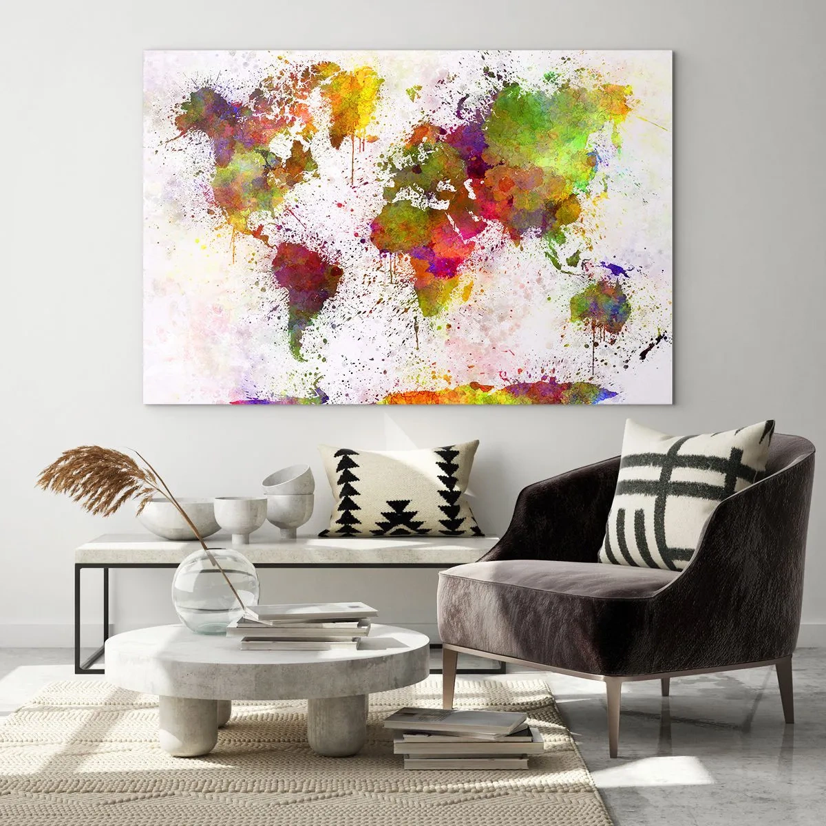 Impression sur verre - Image sur verre - Carte du monde de style artistique avec des touches de peinture colorées - 100x70cm - D'une certaine manière ça s'est passé de la même façon - Décoration murale moderne pour le salon et la chambre ARTTOR