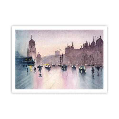 Affiche - Poster - Une rue de la ville au crépuscule dans un style aquarelle - 100x70cm - Dans une brume pluvieuse - Décoration murale moderne pour le salon et la chambre ARTTOR