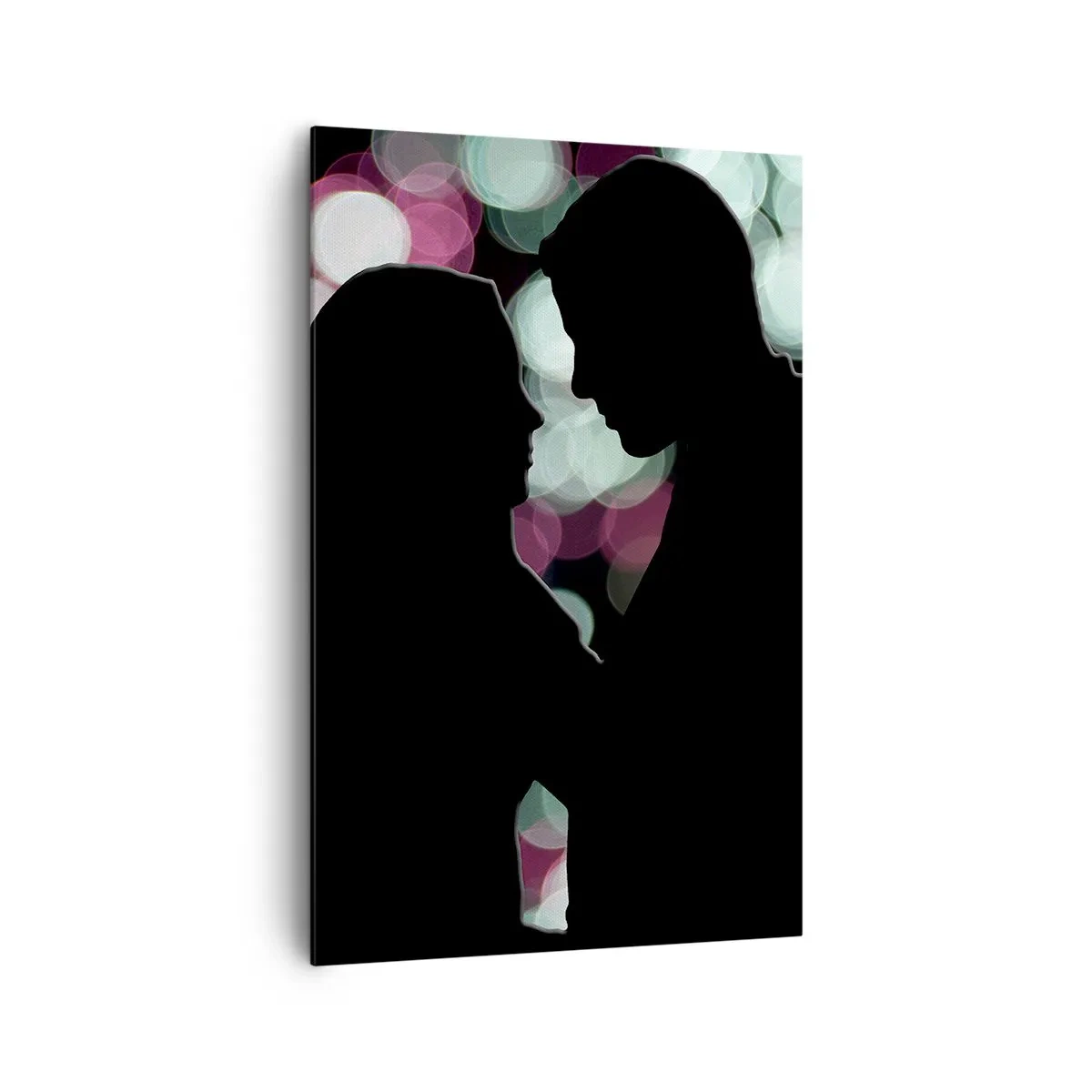Impression sur toile - Image sur toile - Silhouettes d'un couple sur fond de lumières bokeh colorées - 80x120cm - Oui! - Décoration murale moderne pour le salon et la chambre ARTTOR