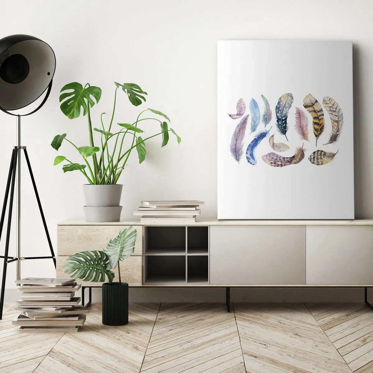 Impression sur toile - Image sur toile - Plumes colorées dans un style aquarelle délicat - 80x120cm - Léger, bariolé et multicolore - Décoration murale moderne pour le salon et la chambre ARTTOR