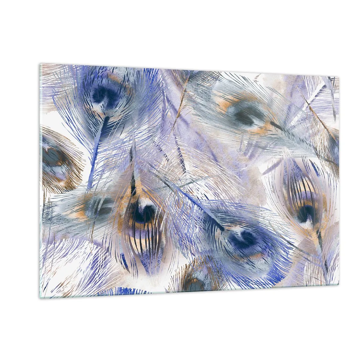 Impression sur verre - Image sur verre - Plumes de paon délicates dans des tons de bleu et de marron - 120x80cm - Composition de paon - Décoration murale moderne pour le salon et la chambre ARTTOR