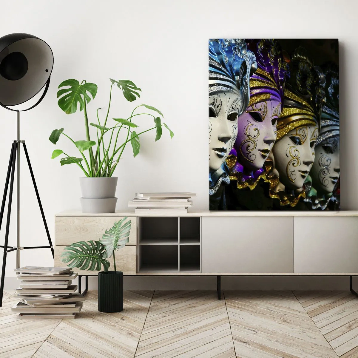 Impression sur toile - Image sur toile - Masques vénitiens de différentes couleurs avec des motifs décoratifs - 50x70cm - Mystère en or et argent - Décoration murale moderne pour le salon et la chambre ARTTOR