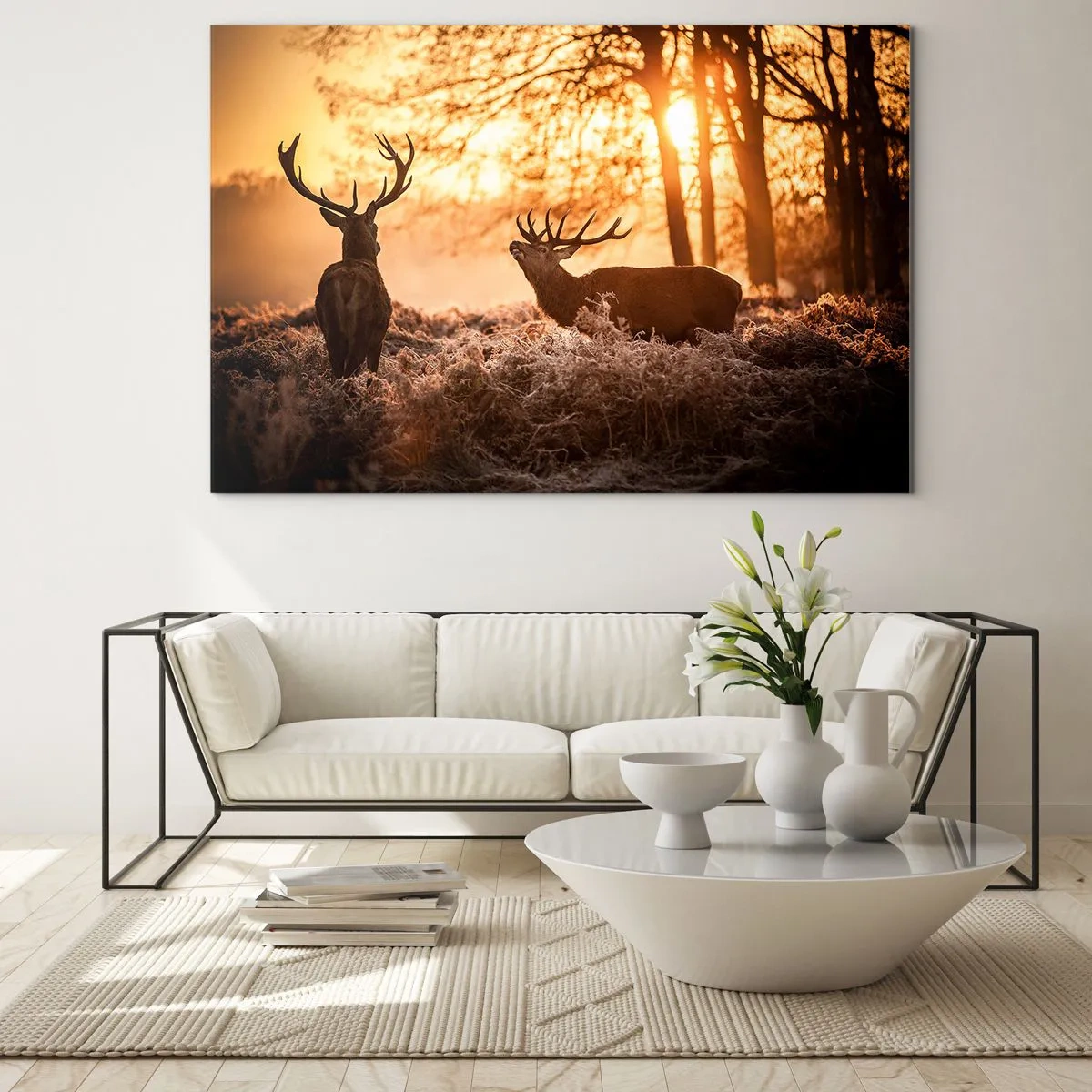 Impression sur verre - Image sur verre - Deux cerfs dans une scène de forêt au lever du soleil - 120x80cm - Le rêve d'un chasseur - Décoration murale moderne pour le salon et la chambre ARTTOR