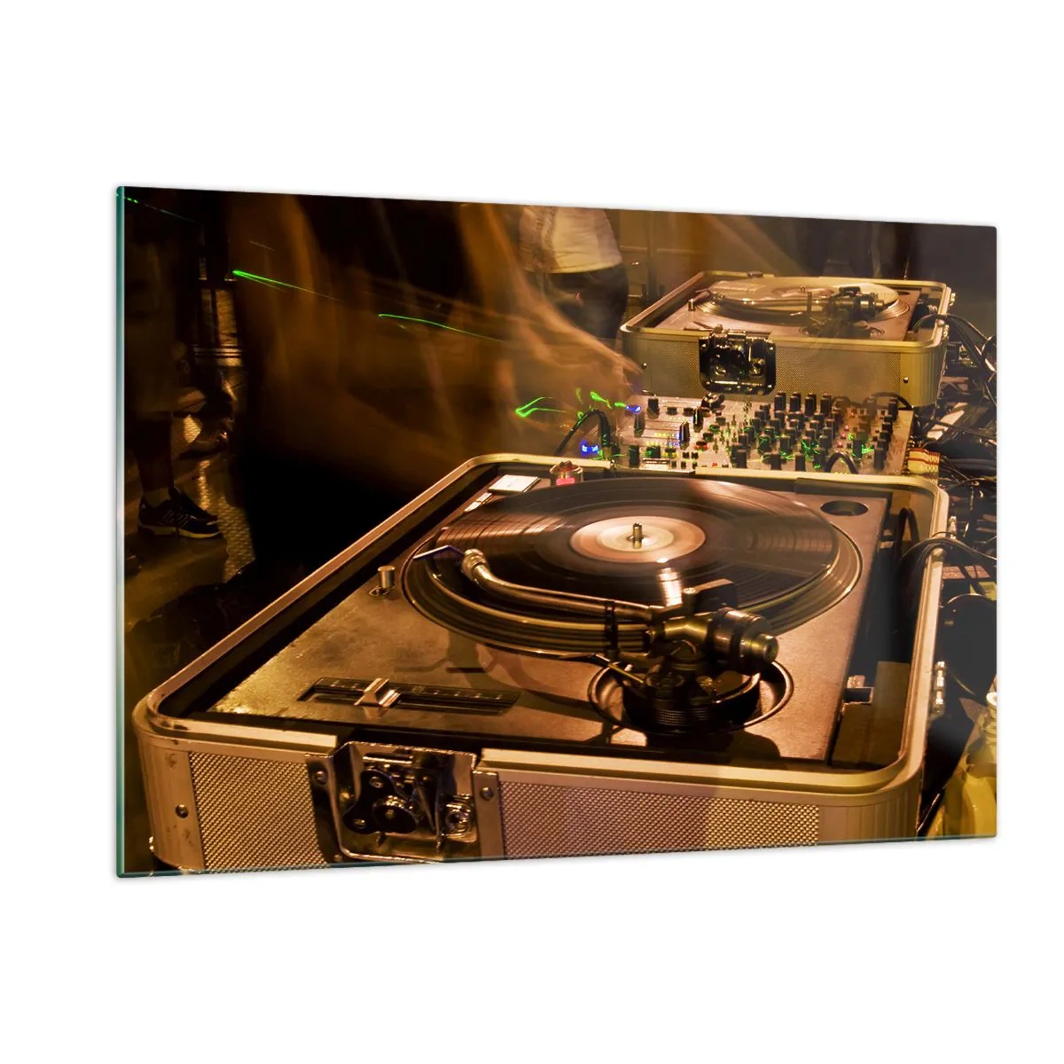 Impression sur verre - Image sur verre - Une platine sur fond de fête avec des effets de lumière dynamiques - 120x80cm - Sentez-vous cette force? - Décoration murale moderne pour le salon et la chambre ARTTOR