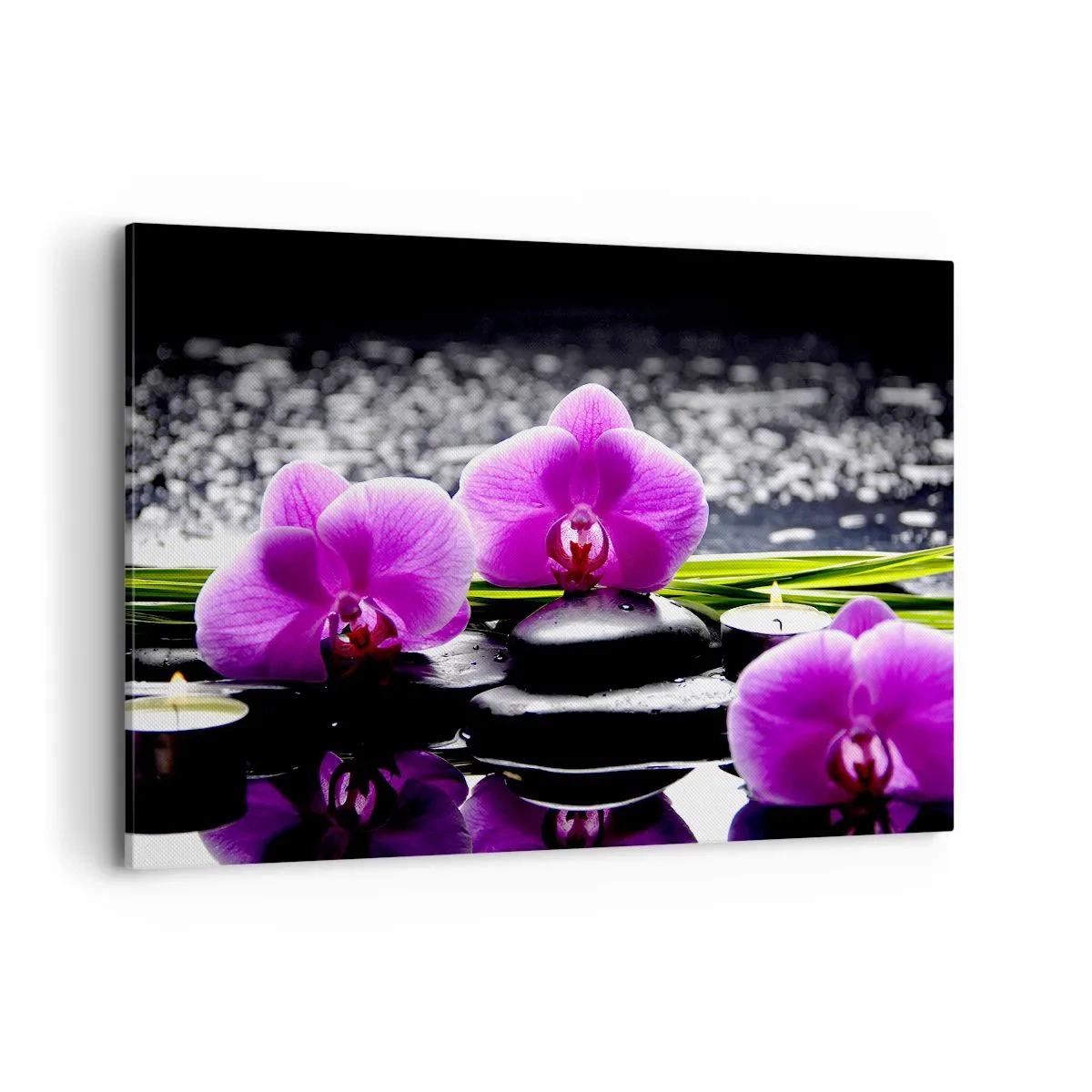 Impression sur toile - Image sur toile - Orchidées violettes sur fond de pierres et de bougies dans un cadre relaxant - 120x80cm - Se noyer dans la paix et la tranquillité - Décoration murale moderne pour le salon et la chambre ARTTOR
