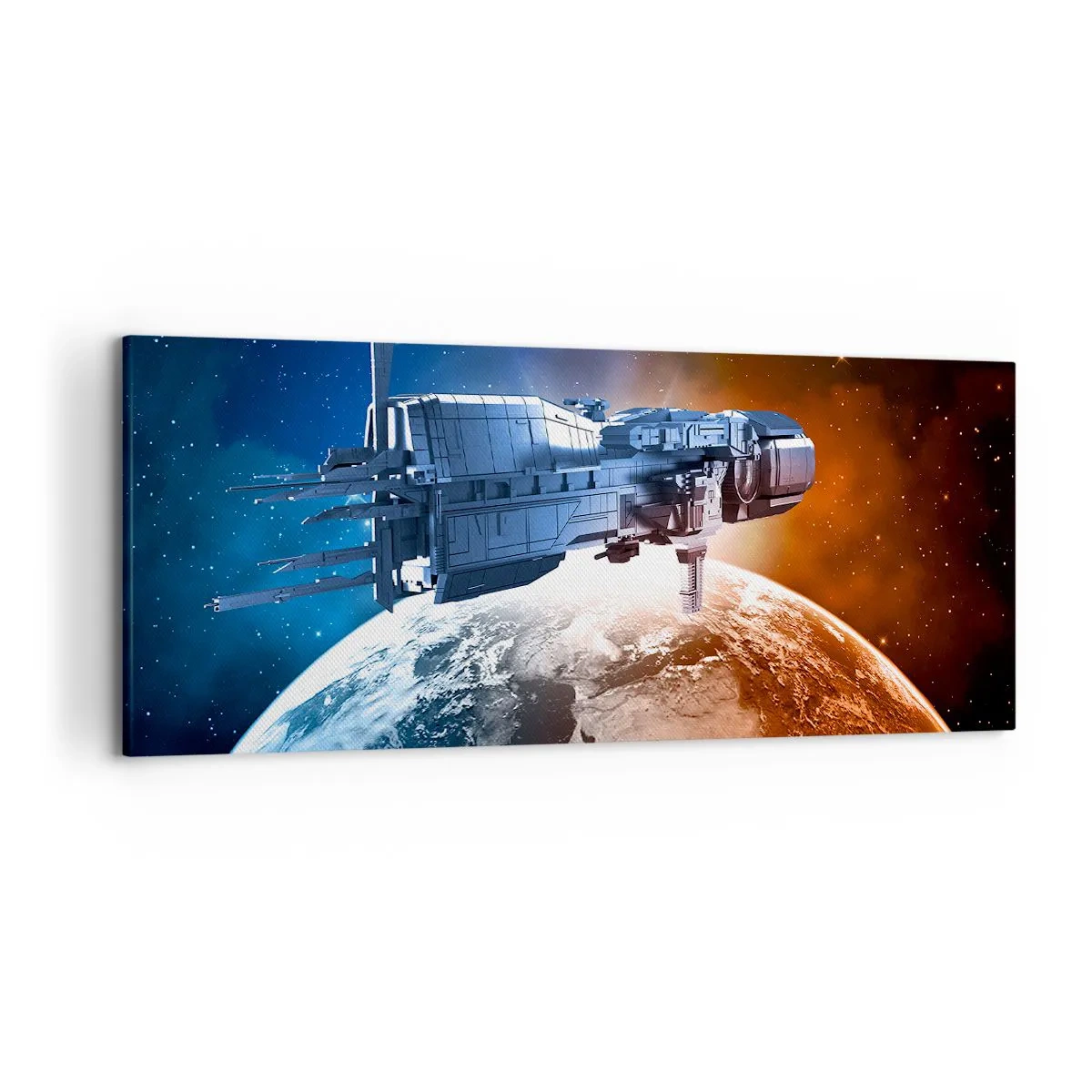 Impression sur toile - Image sur toile - Un vaisseau spatial avec en arrière-plan une planète dans l'espace - 120x50cm - Un observateur attentif - Décoration murale moderne pour le salon et la chambre ARTTOR