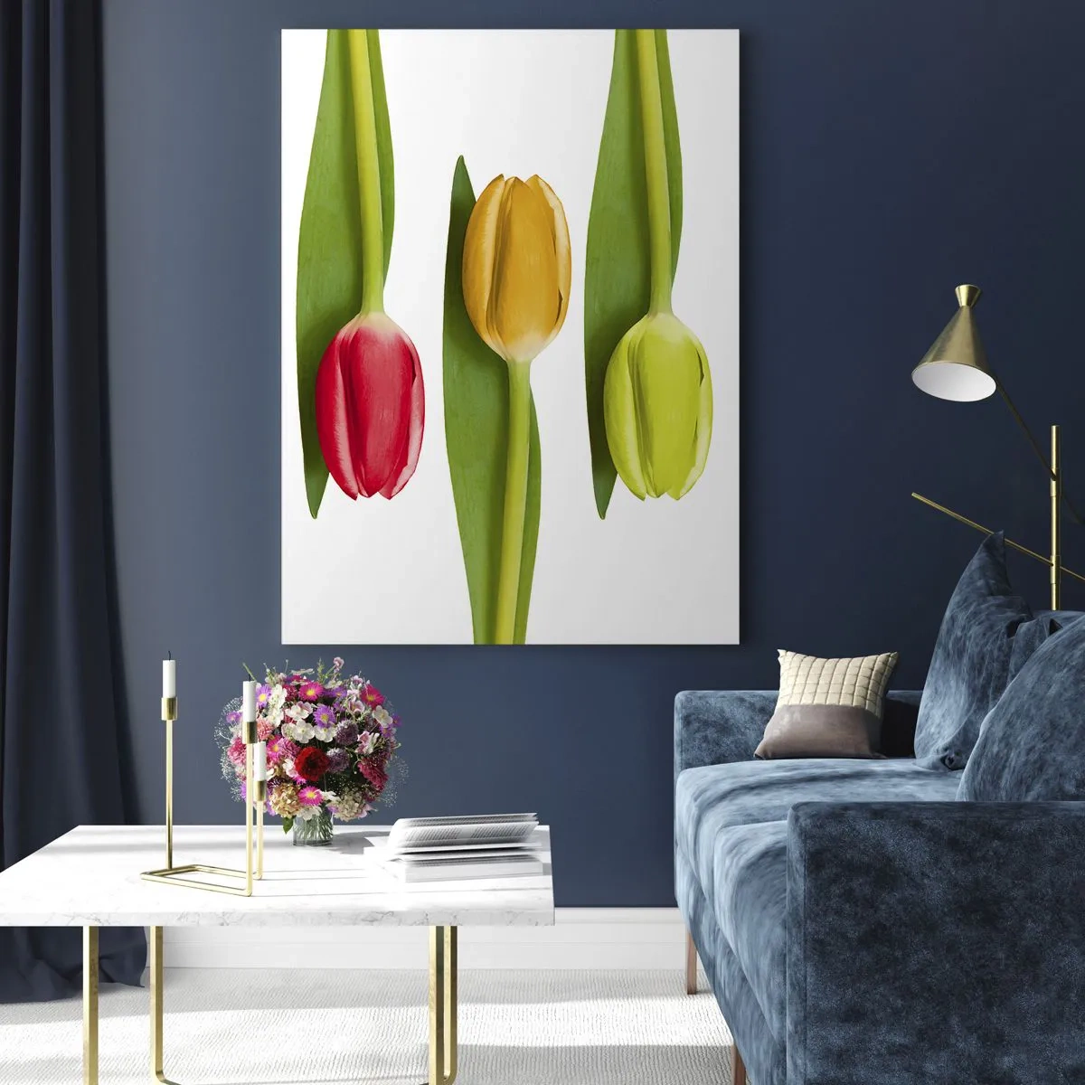 Impression sur verre - Image sur verre - Tulipes colorées disposées sur un fond blanc - 50x70cm - Composition arc-en-ciel - Décoration murale moderne pour le salon et la chambre ARTTOR