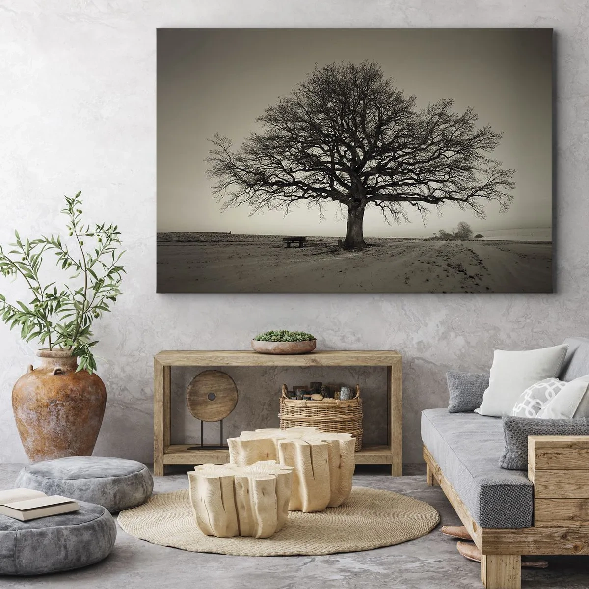 Impression sur toile - Image sur toile - Un arbre solitaire dans un champ de sépia - 120x80cm - D'ici à l'éternité - Décoration murale moderne pour le salon et la chambre ARTTOR