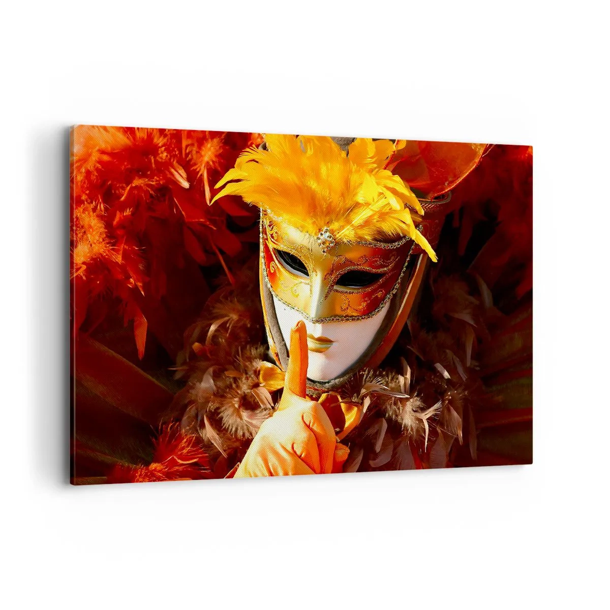 Impression sur toile - Image sur toile - Masque de carnaval aux tons or et orange - 120x80cm - Le secret est une partie du jeu - Décoration murale moderne pour le salon et la chambre ARTTOR