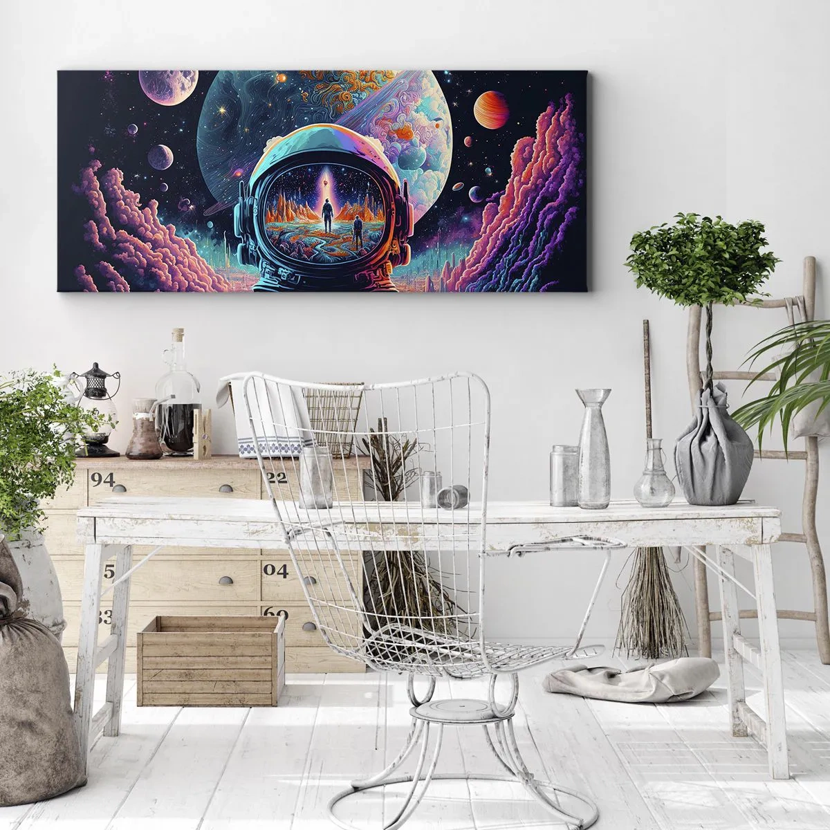 Impression sur toile - Image sur toile - Astronaute dans l'espace avec un paysage planétaire coloré - 120x50cm - Les philosophes n'en ont pas rêvé - Décoration murale moderne pour le salon et la chambre ARTTOR