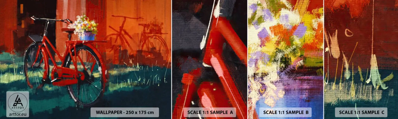 Échantillon De Papier Peint Standard Eco - I want to ride my bicycle - Vélo vintage, Fleurs en pot, Voyage - 100x30 cm