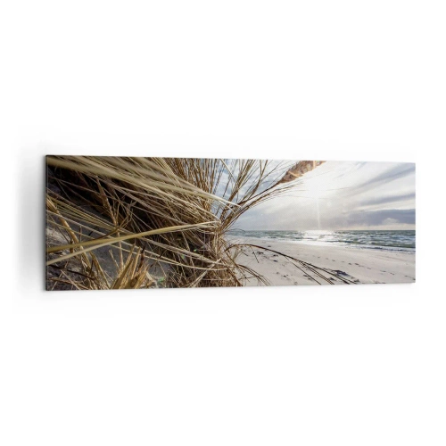 Impression sur toile - Image sur toile - Une plage avec de l'herbe sèche sur les dunes et une vue sur la mer - 160x50cm - Rencontre des éléments - Décoration murale moderne pour le salon et la chambre ARTTOR