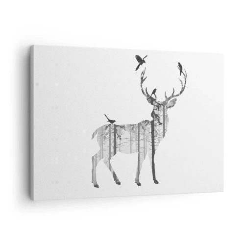 Impression sur toile - Image sur toile - Silhouette d'un cerf avec forêt et oiseaux - 70x50cm - La bonne âme de la forêt - Décoration murale moderne pour le salon et la chambre ARTTOR