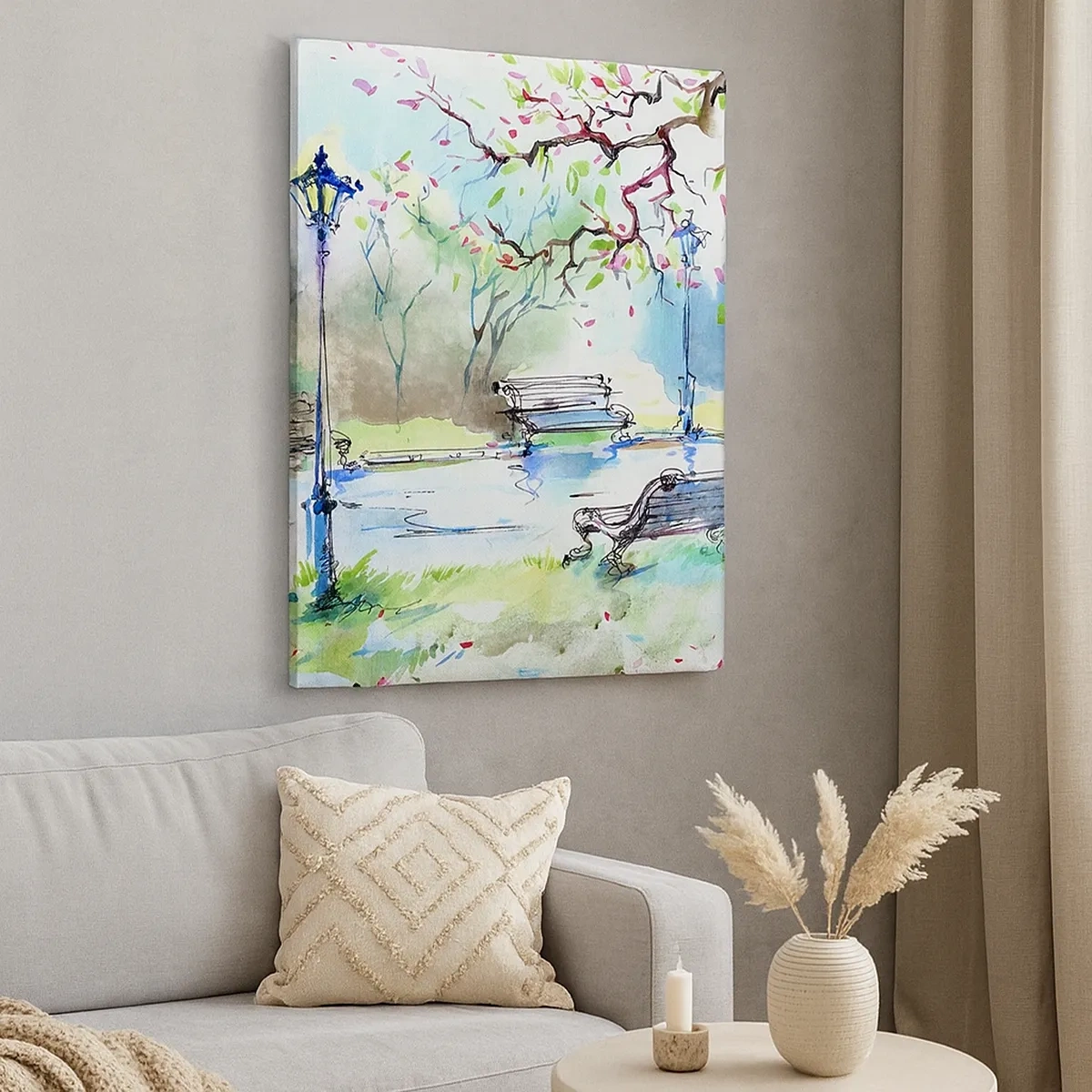 Impression sur toile - Image sur toile - Scène de parc à l'aquarelle avec bancs et lampes - 50x70cm - Le charme du silence d'un parc - Décoration murale moderne pour le salon et la chambre ARTTOR