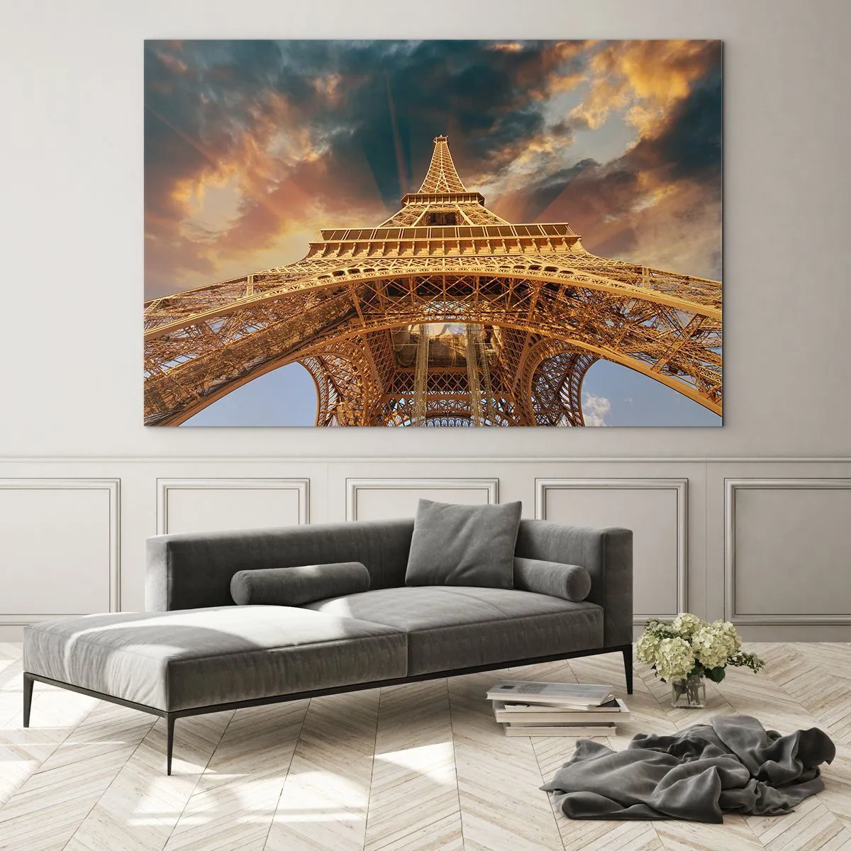 Impression sur verre - Image sur verre - La Tour Eiffel prise à vol d'oiseau - 120x80cm - Comment l'humanité a atteint le ciel - Décoration murale moderne pour le salon et la chambre ARTTOR