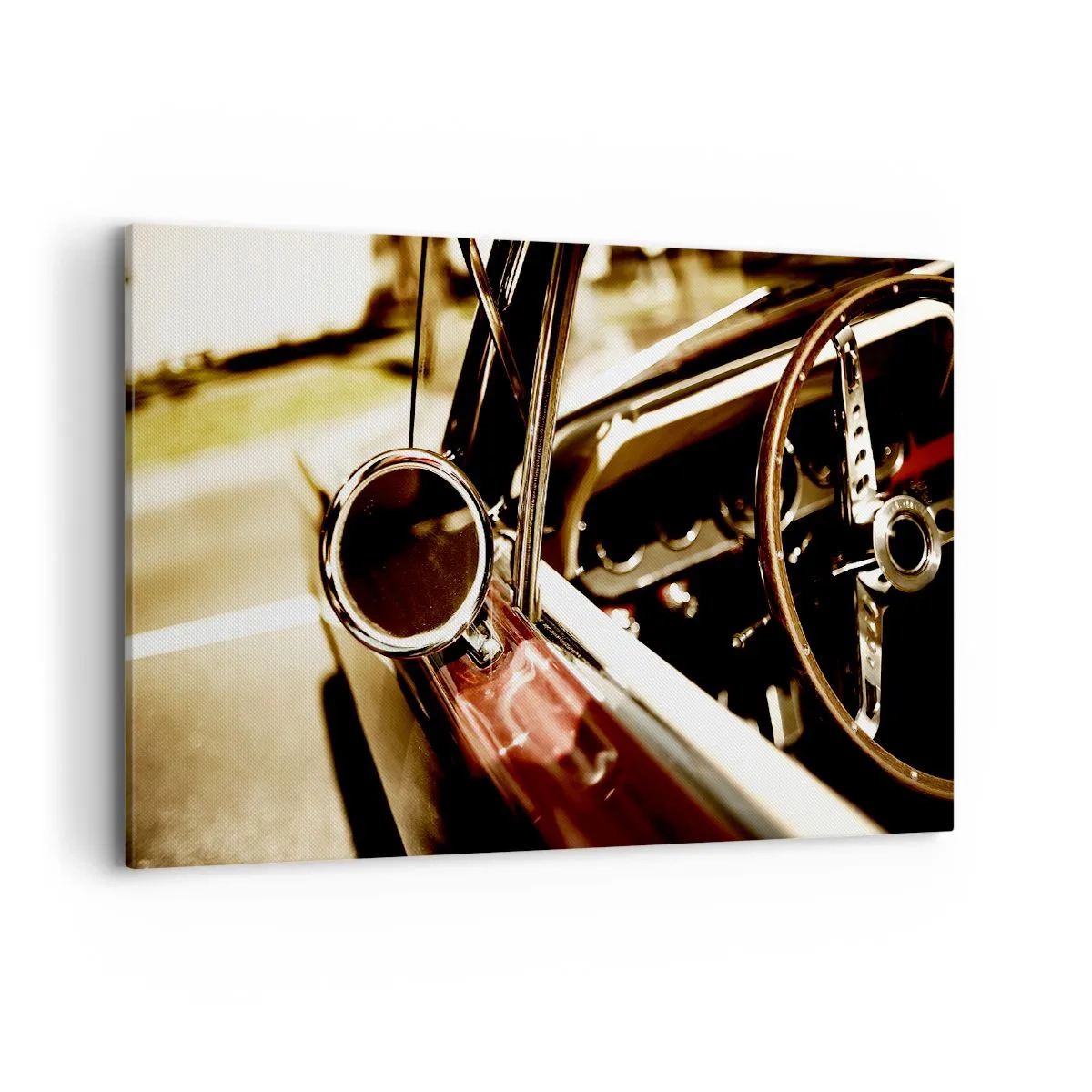 Impression sur toile - Image sur toile - Gros plan du miroir et de l'intérieur d'une voiture rétro classique - 120x80cm - Auto avec une âme - Décoration murale moderne pour le salon et la chambre ARTTOR