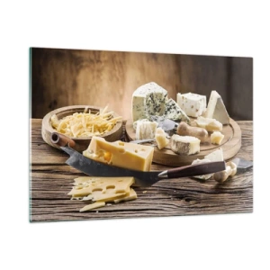Impression sur verre - Image sur verre - Plateau de fromages avec couteau sur table rustique - 120x80cm - Sourire au fromage - Décoration murale moderne pour le salon et la chambre ARTTOR