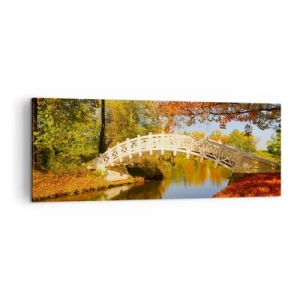 Impression sur toile - Image sur toile - Un pont dans un parc entouré de feuilles d'automne sur une eau calme - 140x50cm - Sur le pont blanc des soupirs - Décoration murale moderne pour le salon et la chambre ARTTOR