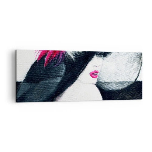 Impression sur toile - Image sur toile - Femme élégante avec un chapeau à plumes - 140x50cm - Toujours un secret - Décoration murale moderne pour le salon et la chambre ARTTOR