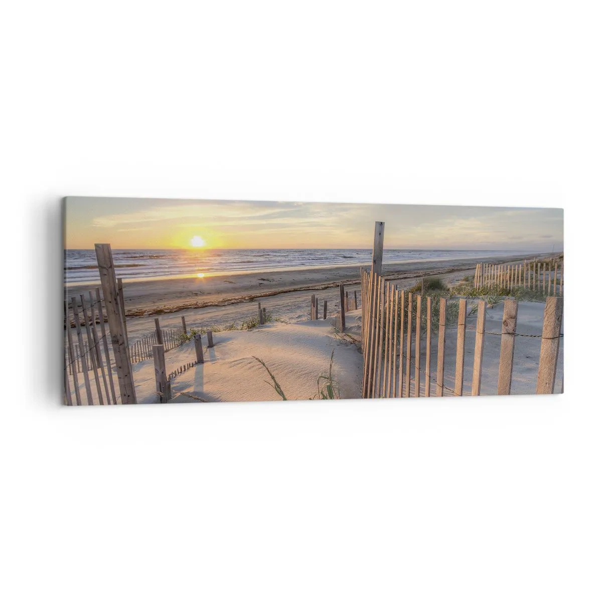 Impression sur toile - Image sur toile - Plage au coucher du soleil avec clôture en bois - 140x50cm - Ombre et brillance du vent - Décoration murale moderne pour le salon et la chambre ARTTOR