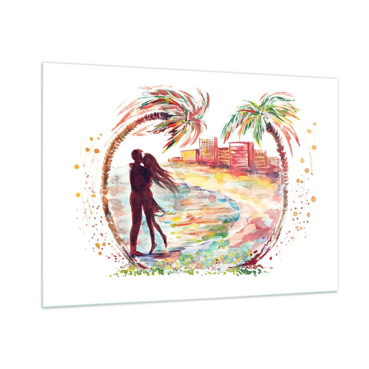 Impression sur verre - Image sur verre - Couple romantique dans un cadre tropical avec des palmiers - 100x70cm - Vacances romantiques - Décoration murale moderne pour le salon et la chambre ARTTOR
