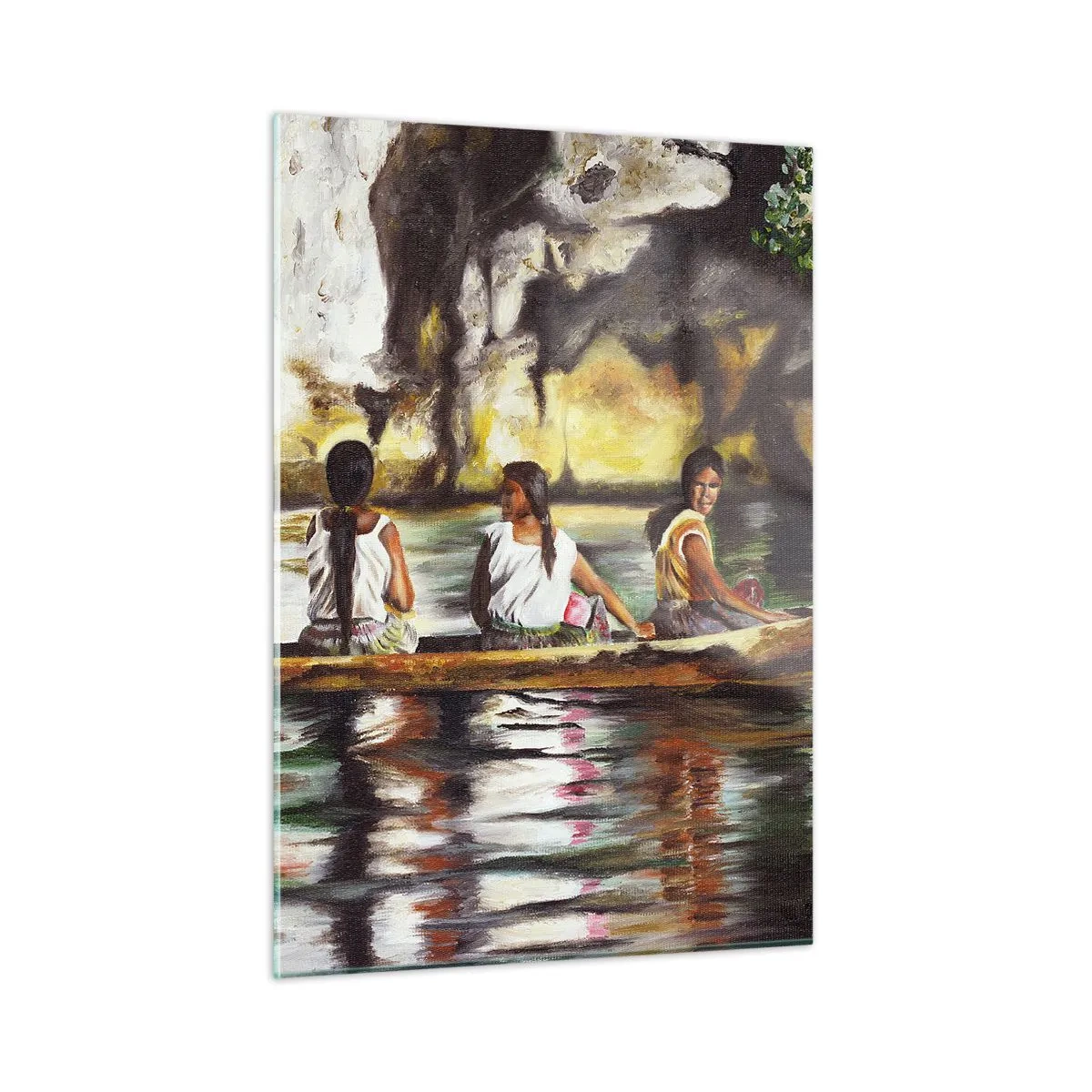 Impression sur verre - Image sur verre - Femmes dans un bateau sur fond de rochers et d'eau pittoresques - 50x70cm - Dans un paradis polynésien - Décoration murale moderne pour le salon et la chambre ARTTOR