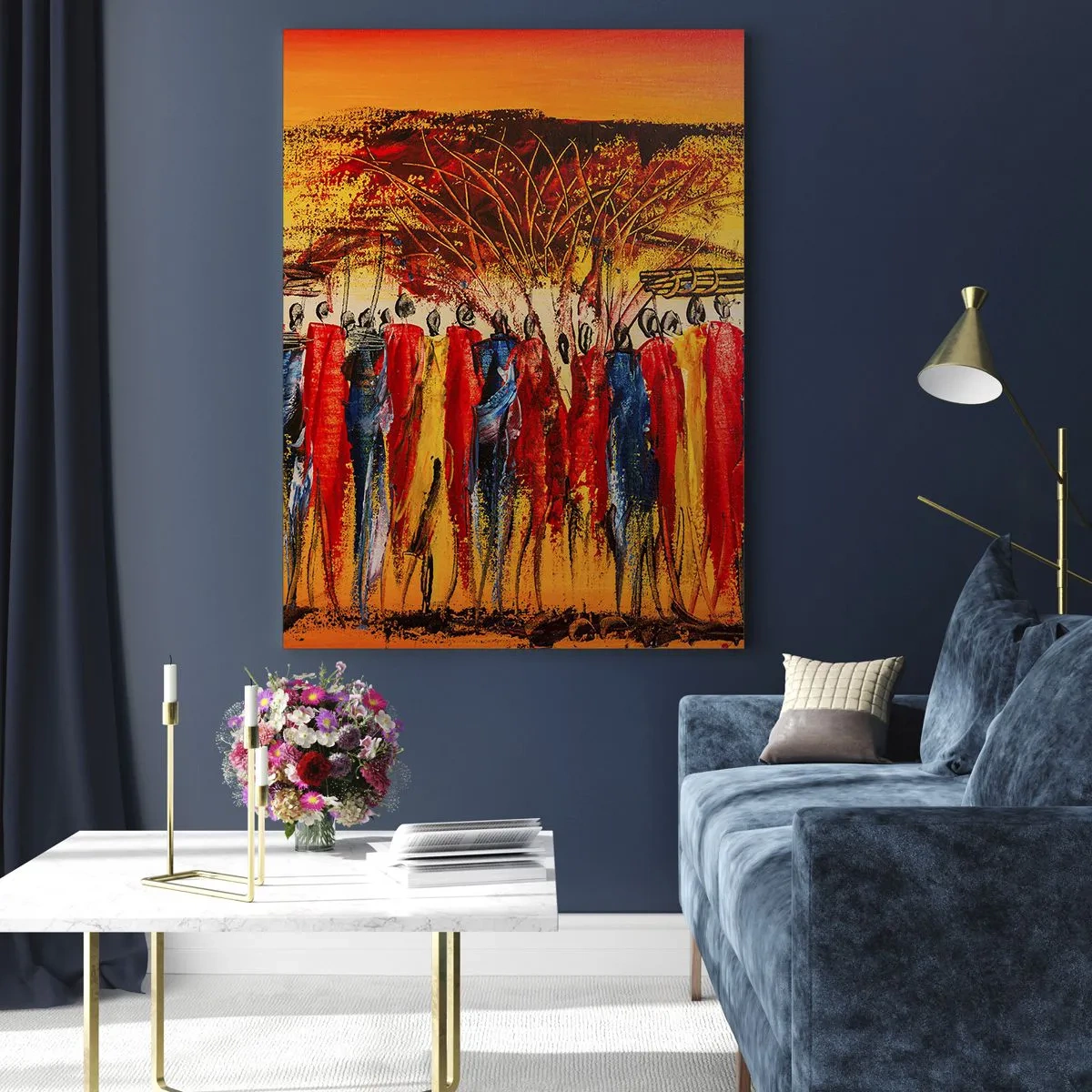 Impression sur verre - Image sur verre - Une scène colorée avec des personnages africains sur fond de soleil couchant. - 70x100cm - Là-bas, là-bas, ils vont là-bas - Décoration murale moderne pour le salon et la chambre ARTTOR