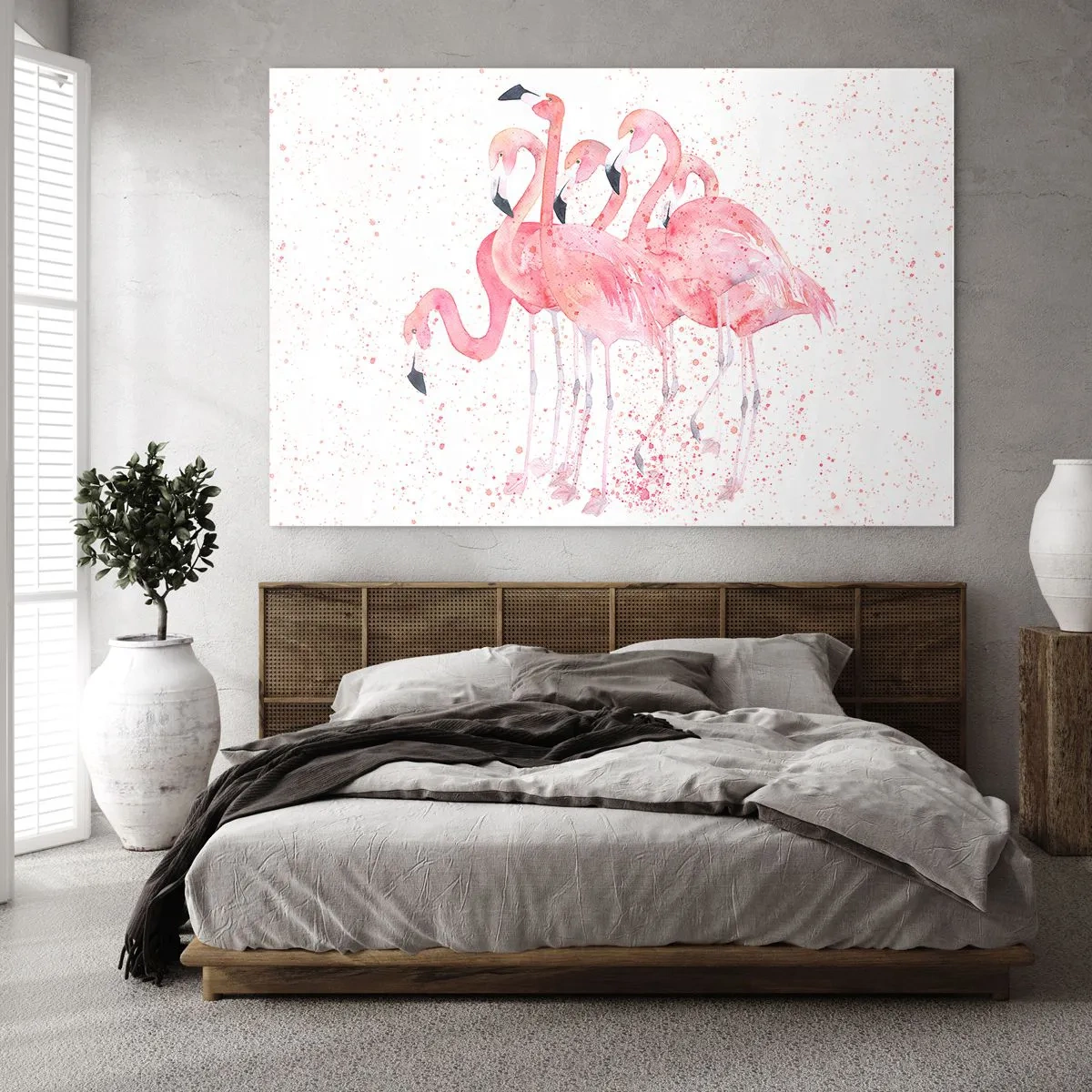 Impression sur verre - Image sur verre - Flamants roses à l'aquarelle sur fond clair avec des taches délicates - 100x70cm - Ensemble rose - Décoration murale moderne pour le salon et la chambre ARTTOR