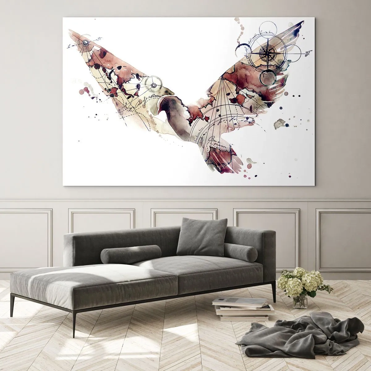 Impression sur verre - Image sur verre - Ailes de style artistique abstrait sur fond blanc - 120x80cm - Un pèlerin volant - Décoration murale moderne pour le salon et la chambre ARTTOR