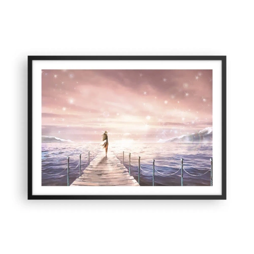 Affiche dans un cadre noir - Poster - Une femme sur une jetée dans un décor de coucher de soleil magique - 70x50cm - A la lumière d'un rêve - Décoration murale moderne pour le salon et la chambre ARTTOR