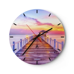 Horloge murale - Pendule murale - Une jetée au bord de la mer avec un belvédère illuminé par les couleurs chaudes du coucher de soleil - 30x30cm - Le silence lilas-doré du soir - Décoration murale moderne pour le salon, la cuisine et la chambre ARTTOR