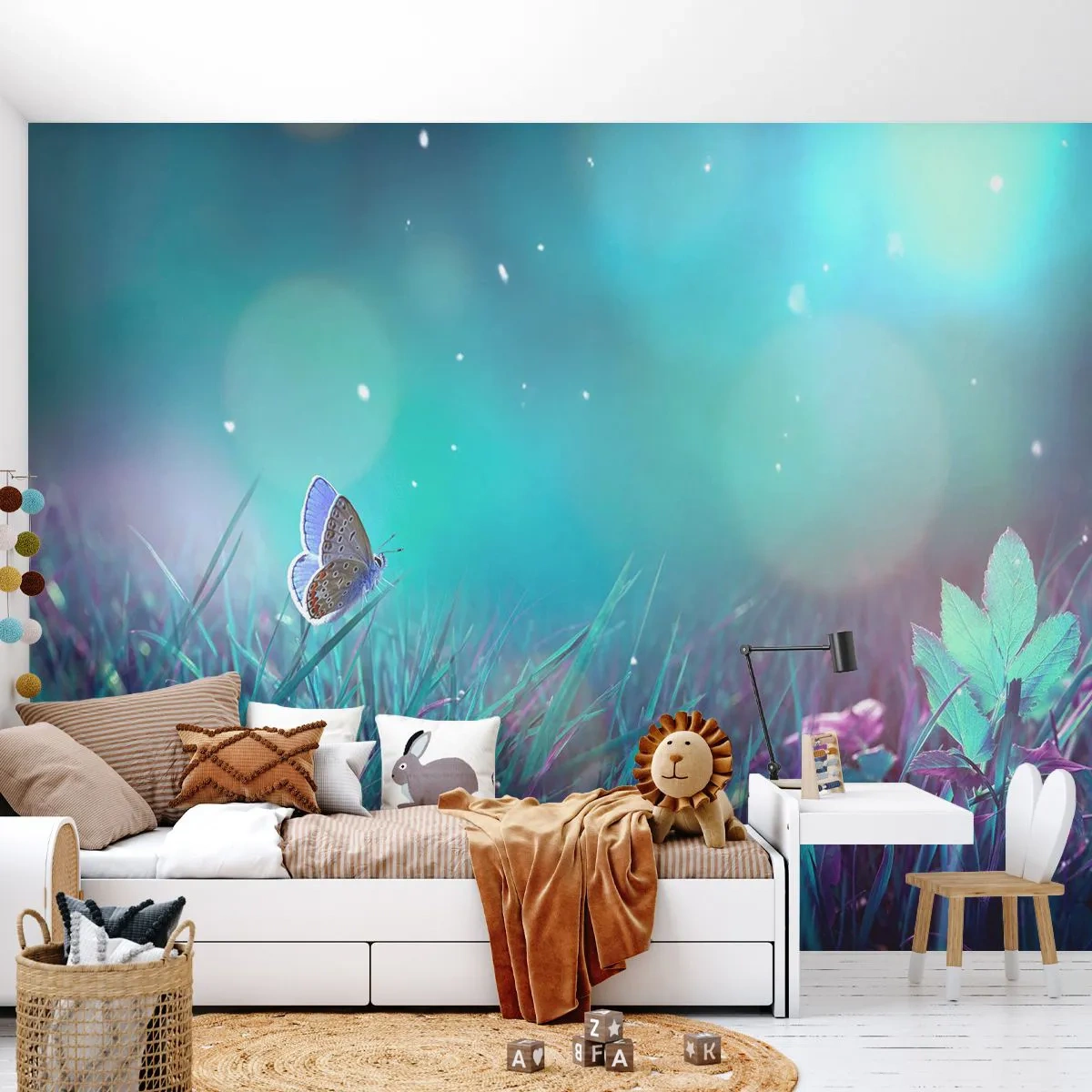 Papier Peint Photo Premium Sand - Une prairie magique avec un papillon dans les tons bleus - 100x70cm - La vie secrète de la prairie - Décoration murale moderne pour le salon et la chambre ARTTOR