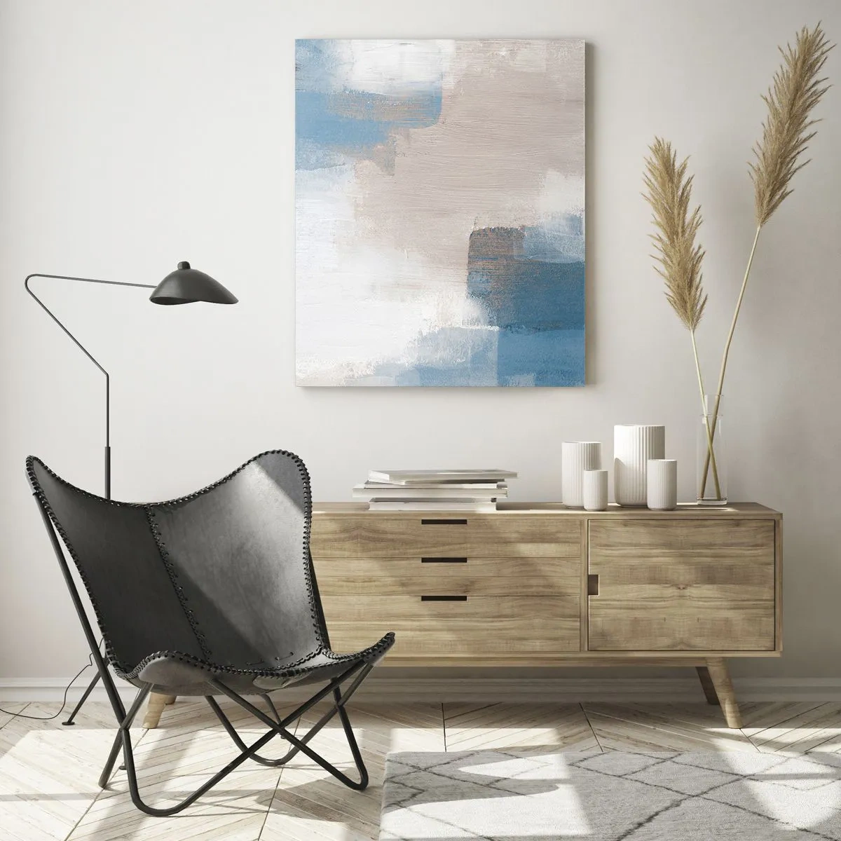 Impression sur verre - Image sur verre - Formes abstraites dans les tons de bleu et de beige - 70x100cm - Abstraction rose derrière un rideau de bleu - Décoration murale moderne pour le salon et la chambre ARTTOR