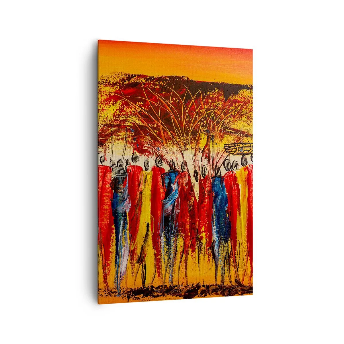 Impression sur toile - Image sur toile - Une scène colorée avec des personnages africains sur fond de soleil couchant. - 80x120cm - Là-bas, là-bas, ils vont là-bas - Décoration murale moderne pour le salon et la chambre ARTTOR