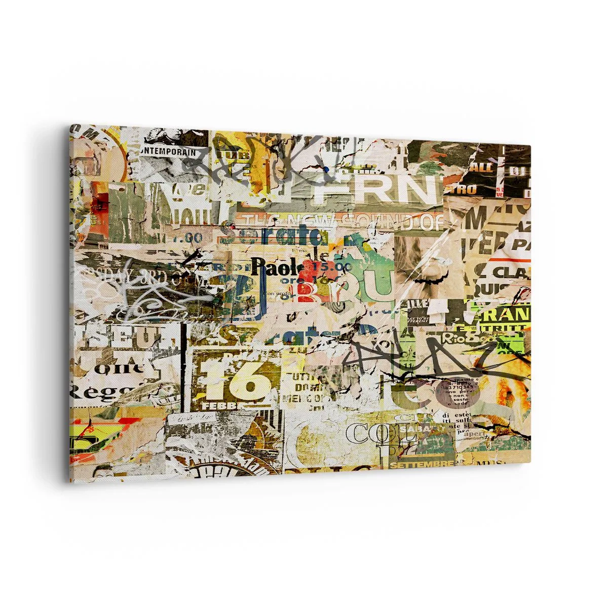 Impression sur toile - Image sur toile - Un collage de fragments de journaux et d'affiches dans un style artistique. - 100x70cm - Oh, il se passe quelque chose... - Décoration murale moderne pour le salon et la chambre ARTTOR