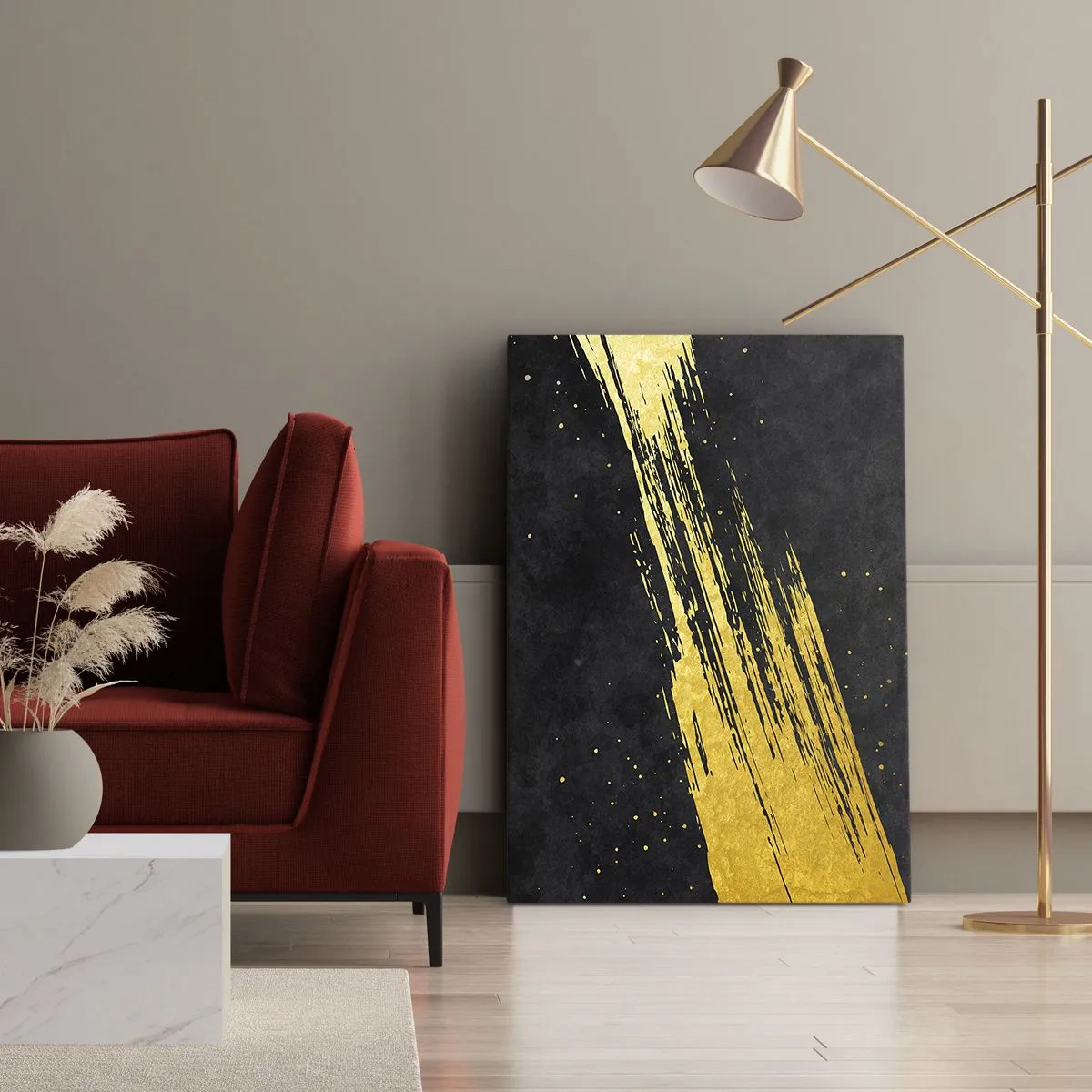 Impression sur toile - Image sur toile - Fond noir avec des coups de pinceau dorés dynamiques - 80x120cm - Sautez dans l'hyperespace - Décoration murale moderne pour le salon et la chambre ARTTOR