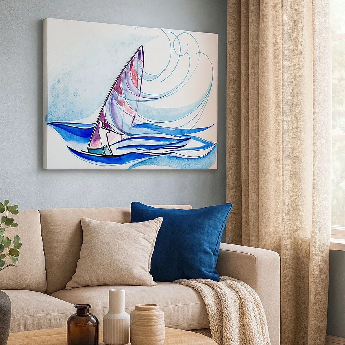 Impression sur toile - Image sur toile - Un surfeur chevauchant les vagues dans une composition abstraite à l'aquarelle - 70x50cm - Avec le vent au rythme des vagues - Décoration murale moderne pour le salon et la chambre ARTTOR