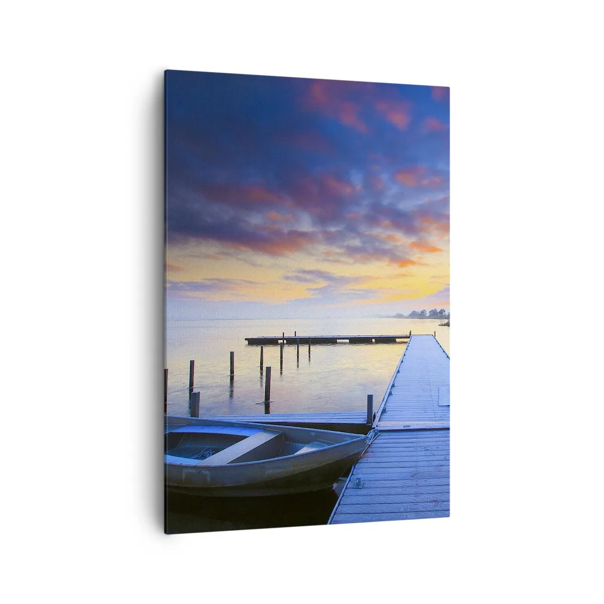 Impression sur toile - Image sur toile - Une jetée au bord du lac au coucher du soleil avec un bateau sur le rivage - 70x100cm - Calme violet-doré - Décoration murale moderne pour le salon et la chambre ARTTOR